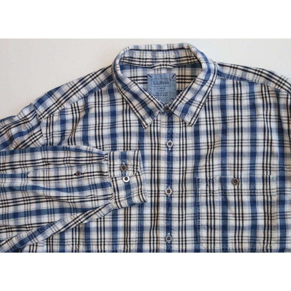 L.L. Bean Plaid Button Down Shirt Mens Large Blue Excellent Cotton Long Sleeve